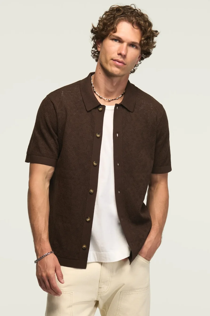 Image of Lucky Brand Intarsia Lace Button Down Sweater -Men's Clothing Tops Sweaters in Whitecap Gray