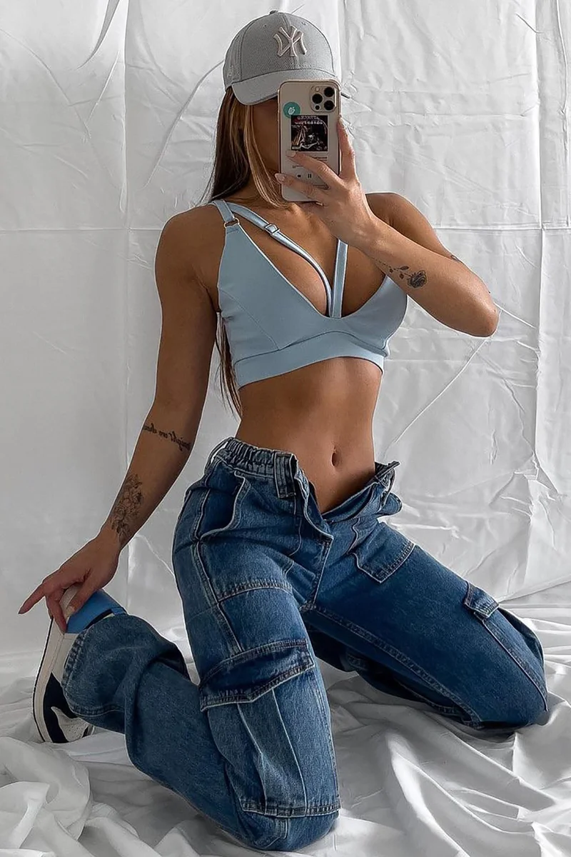 Image of Don't You Worry Wide Leg Cargo Jeans - Medium Blue Wash