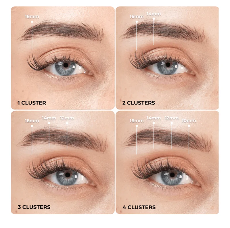 Lash mapping guide showing how to build volume with 1, 2, 3, or 4 Wifey lash clusters using different lengths.