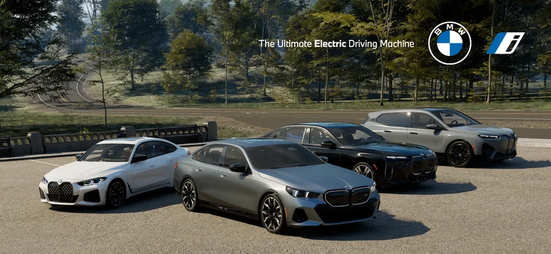 BMW iX, i4, i5 and i7 in front of an open road with trees n the background