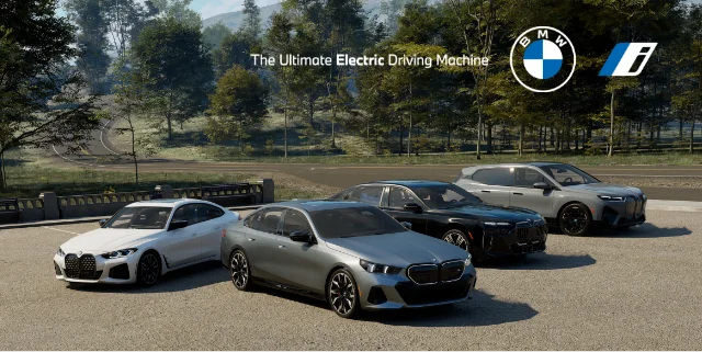 BMW iX, i4, i5 and i7 in front of an open road with trees n the background