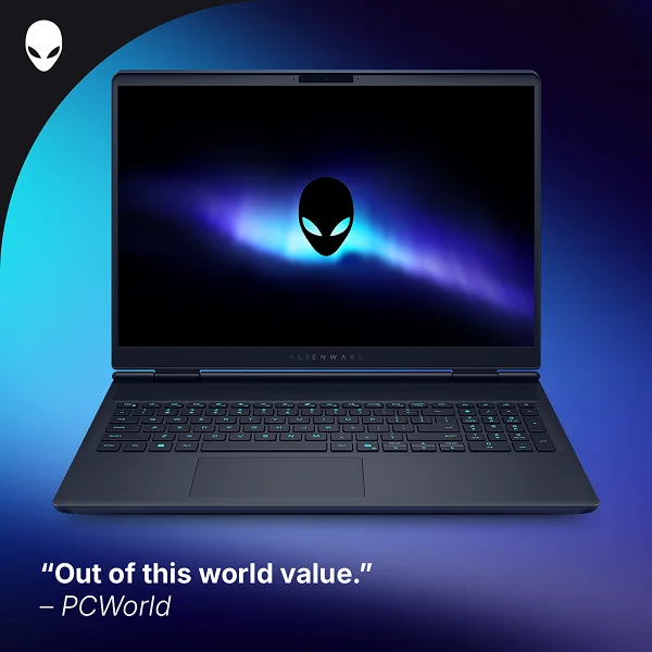 An Alienware 16X Aurora Gaming Laptop computer and a quote from PCWorld, “Out of this world value.”