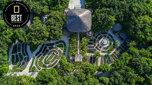 An aerial if the LEAF restaurant with Organic Garden at Six Sense Laamu