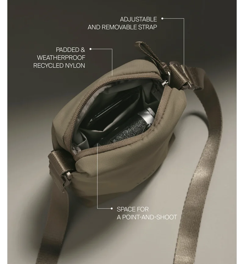 Space for a point-and-shoot, Adjustable and removable strap, Padded + weatherproof recycled nylon