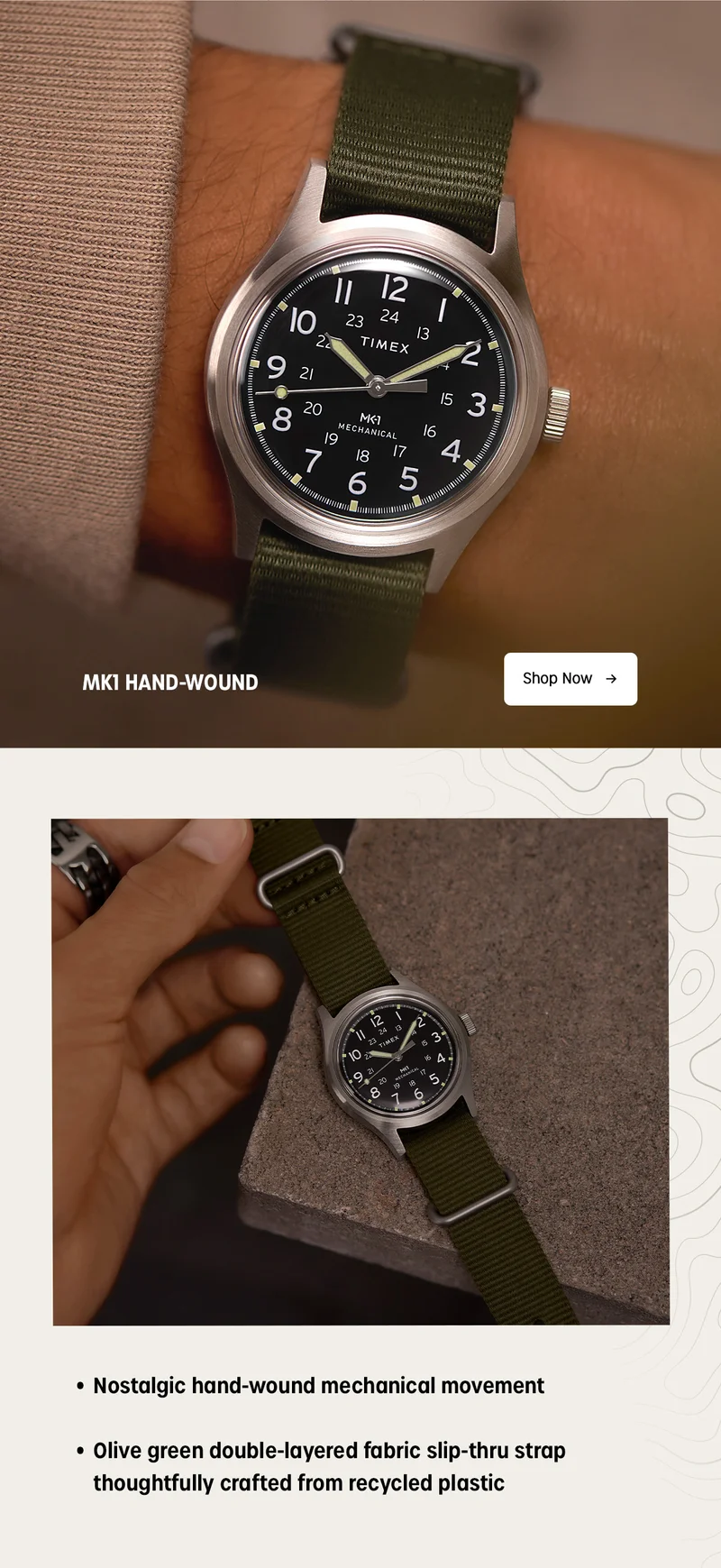 MK1 HAND-WOUND | Nostalgic hand-wound mechanical movement | Olive green double-layered fabric slip-thru strap thoughtfully crafted from recycled plastic | Shop Now Shop Now