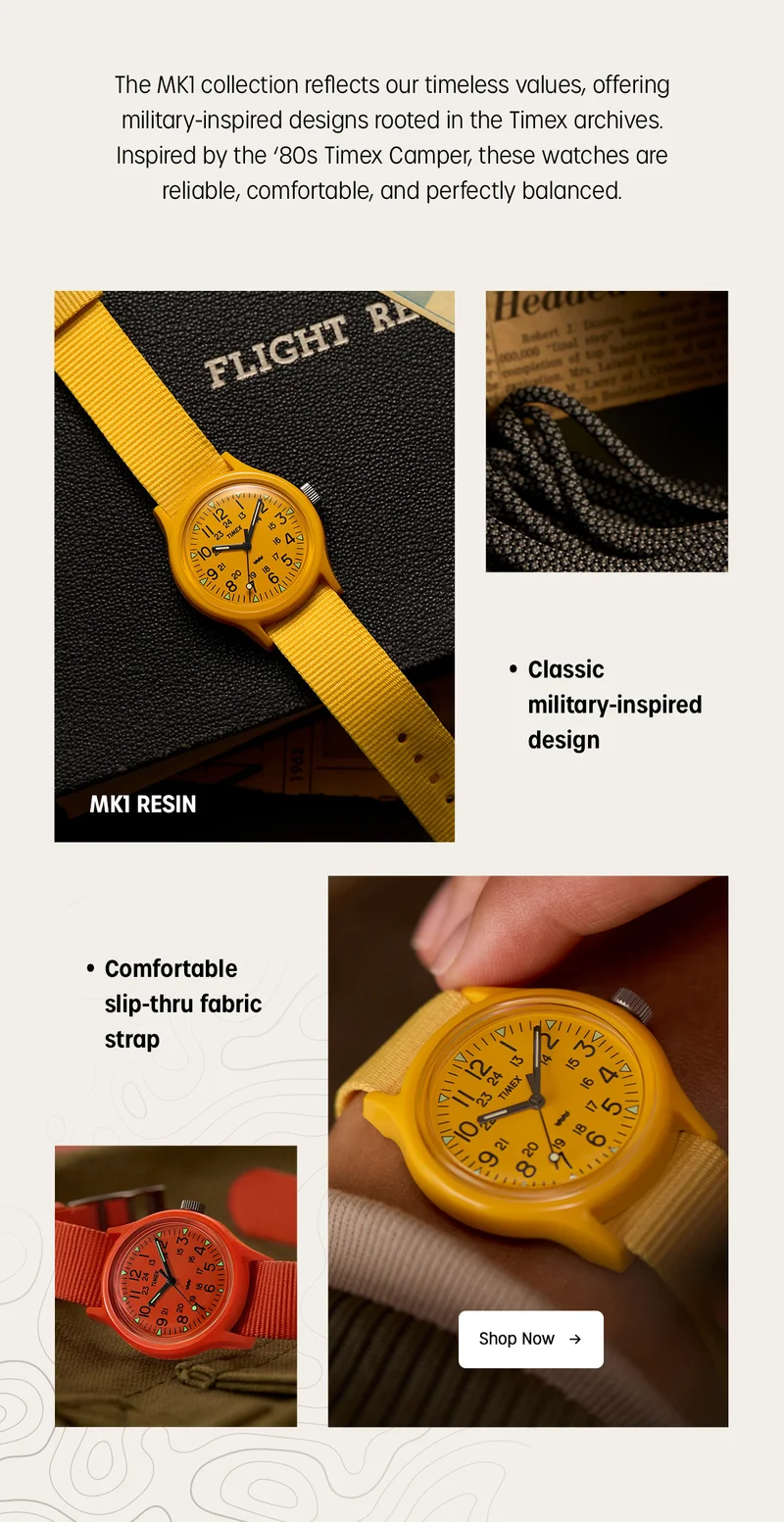 The MK1 collection reflects our timeless values, offering military-inspired designs rooted in the Timex archives. Inspired by the '80s Timex Camper, these watches are reliable, comfortable, and perfectly balanced. | MK1 RESIN | Classic military-inspired design | Comfortable slip-thru fabric strap | Shop Now