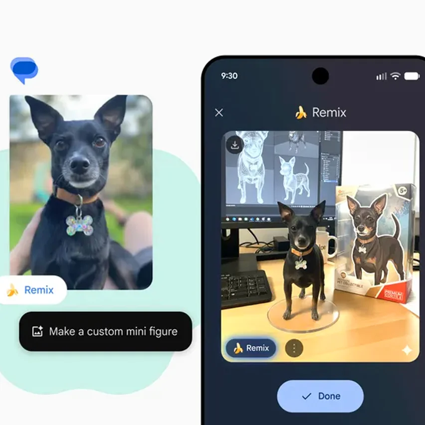 Black dog next to custom 3D mini-figure and collectible displayed on a smartphone screen.