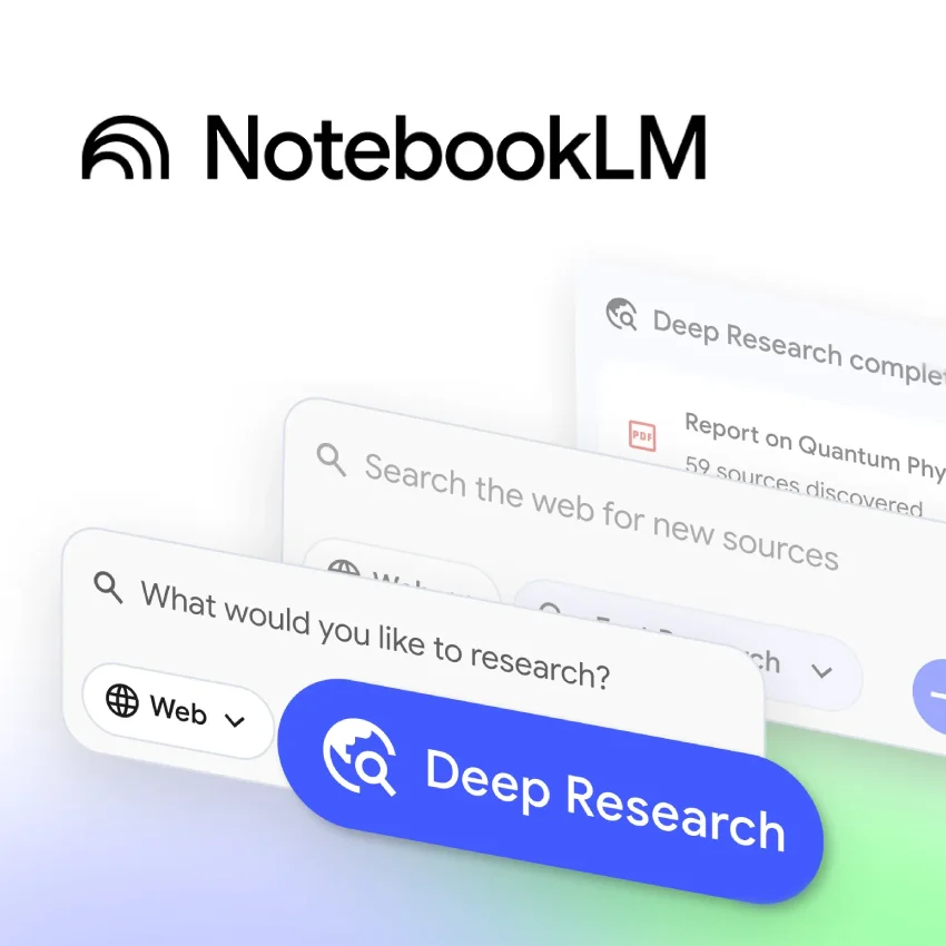 NotebookLM logo, software screens, 'Deep Research' button, and search prompt.