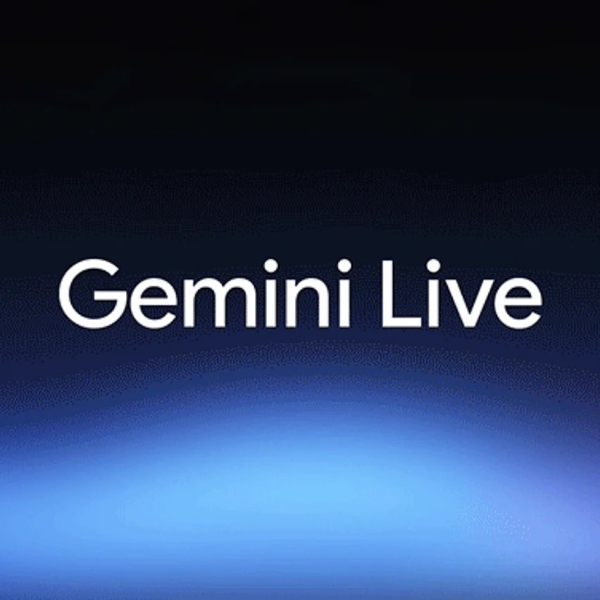White text 'Gemini Live' on a dark blue background with a bright blue bottom glow.