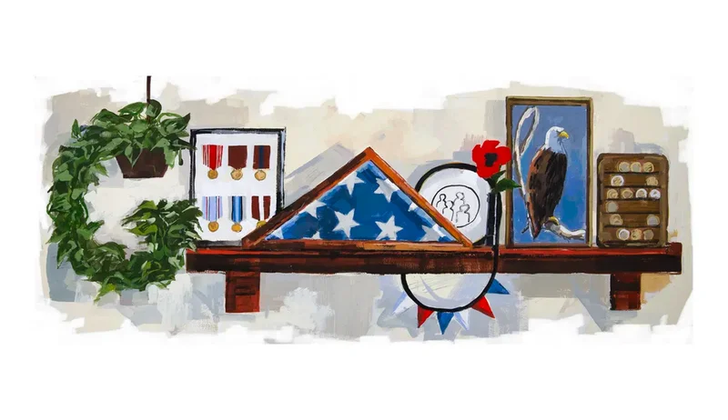 Military tributes on shelf: folded flag case, framed medals, ivy wreath, poppy, eagle portrait, challenge coin rack.