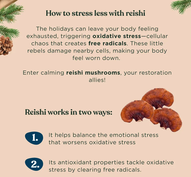 How to stress less with reishi: The holidays can leave your body feeling exhausted, triggering oxidative stress--cellular chaos that creates free radicals. These little rebels damage nearby cells, making your body feel worn down. Enter calming reishi mushrooms, your restoration allies! Reishi works in two ways: 1) it helps balance the emotional stress that worsens oxidative stress, 2) Its antioxidant properties tackle oxidative stress by clearing free radicals.