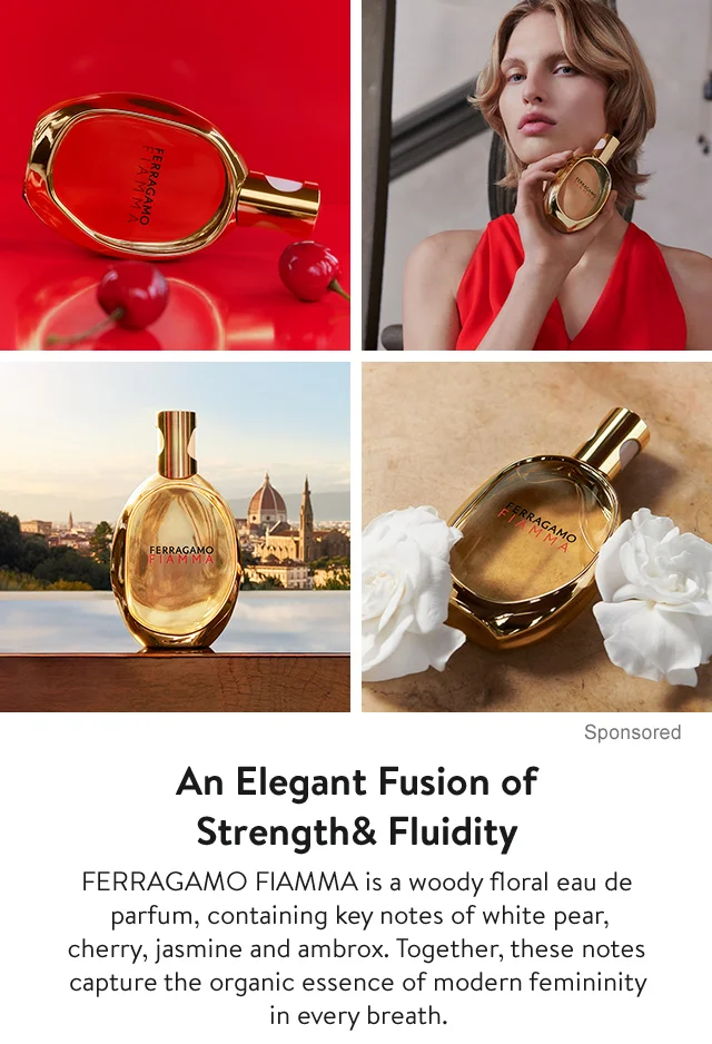 Four different images of a bottle of FERRAGAMO FIAMMA eau de parfum.