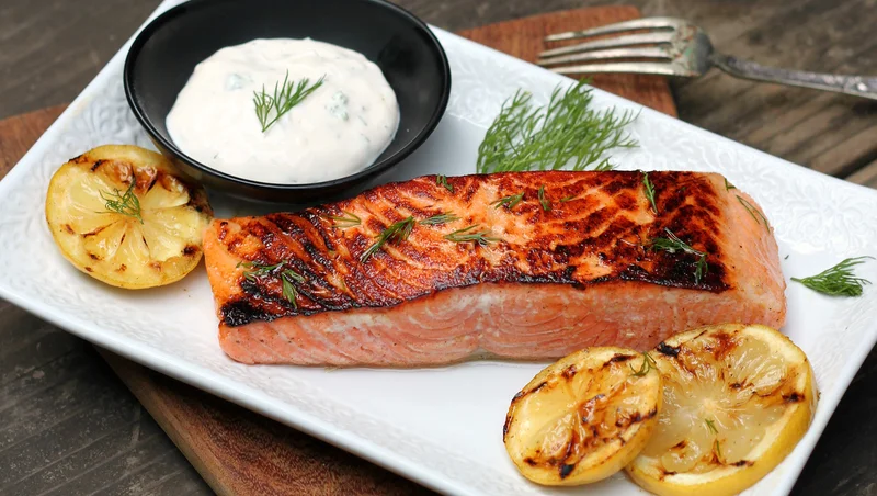 Salmon with Grilled Lemons and Yogurt Sauce