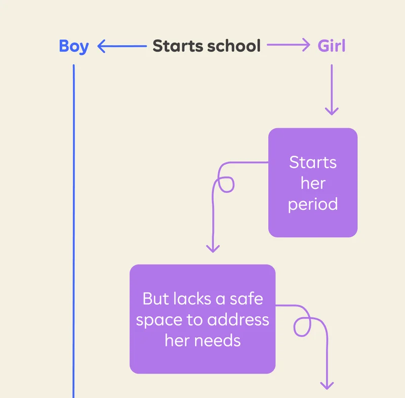 Boy starts school → Finishes school || Girl starts school → Starts her period → But lacks a safe space to address her needs → Puts herself at risk looking for secluded spaces → Starts missing school ~5 times a month → Drops out completely