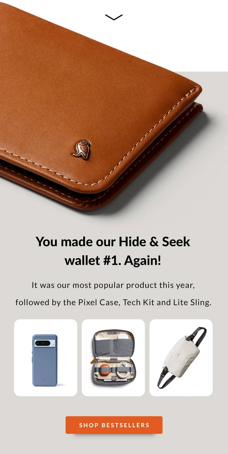 Header: You made our Hide & Seek wallet #1. Again! Blurb: It was our most popular product this year, followed by the Pixel Case, Tech Kit and Lite Sling. CTA: Shop bestsellers