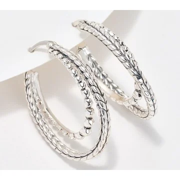 JAI Sterling Silver Hammered Bead & Basketweave 1" Hoops