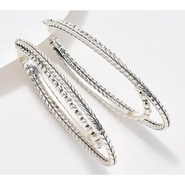 JAI Sterling Silver Hammered Bead & Basketweave 2" Hoops