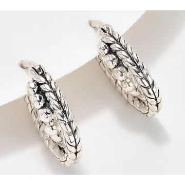 JAI Sterling Silver Hammered Bead Basketweave 1/2" Hoops