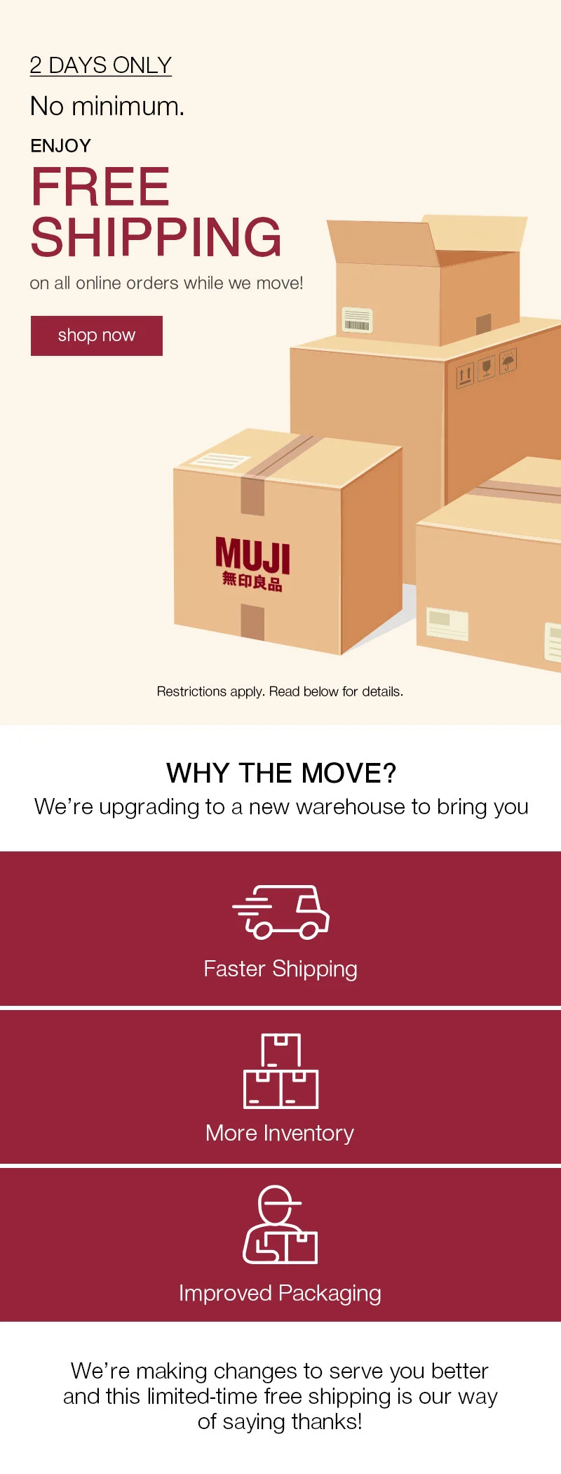 2 Days Only Enjoy Free Shipping on all online orders while we move!