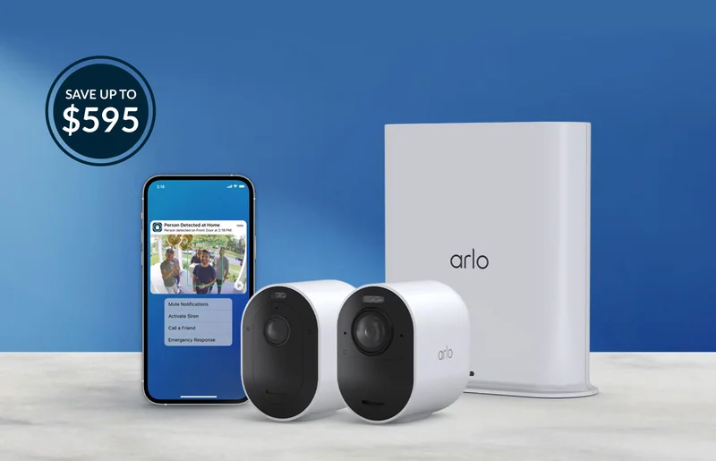 Save up to $595. Phone displaying a simulated screen image of an Arlo Secure notification next to a Pro 5S 2K Camera, Ultra 2 Camera, and Smart Hub.