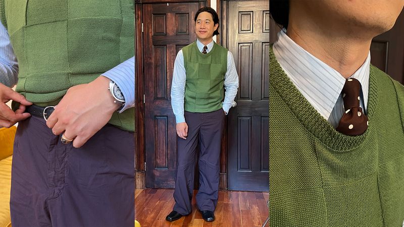 Triptych of GQ Senior Style Editor Yang-Yi Goh wearing pieces from SSENSE.