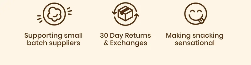supporting small batch suppliers / 30 day returns & exchanges / making snacking sensational