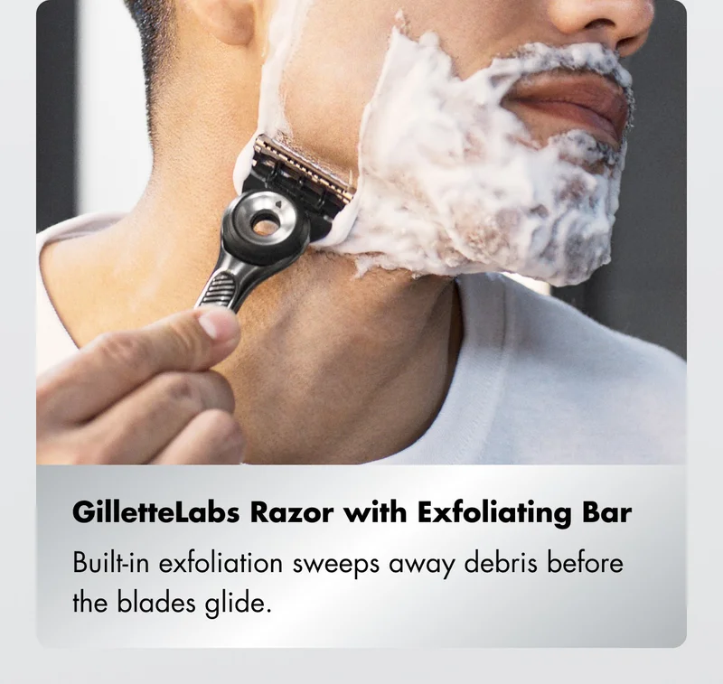 GilletteLabs Razor with Exfoliating Bar: Built-in exfoliation sweeps away debris before the blades glide.