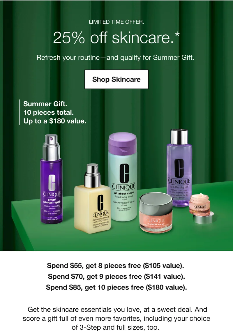 LIMITED TIME OFFER. | 25% off skincare.* | Refresh your routine-and qualify for Summer Gift. | Shop Skincare | Summer Gift. 10 pieces total. Up to a $180 value. | Spend $55, get 8 pieces free ($105 value). Spend $70, get 9 pieces free ($141 value). Spend $85, get 10 pieces free ($180 value). Get the skincare essentials you love, at a sweet deal. And score a gift full of even more favorites, including your choice of 3-Step and full sizes, too.