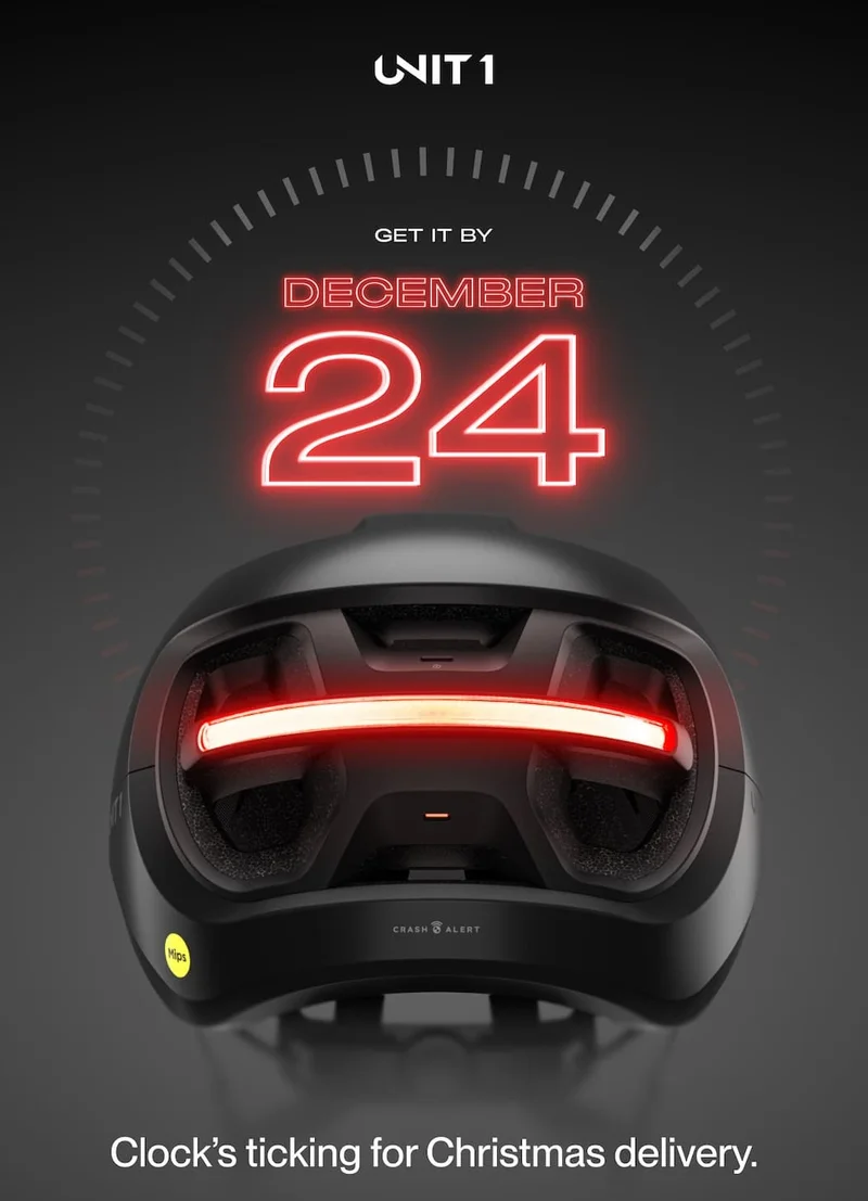 UNIT 1 smart helmet shown from the rear with integrated red light, highlighting the message “Get it by December 24,” Christmas delivery deadline, and a “Buy on Amazon” button.