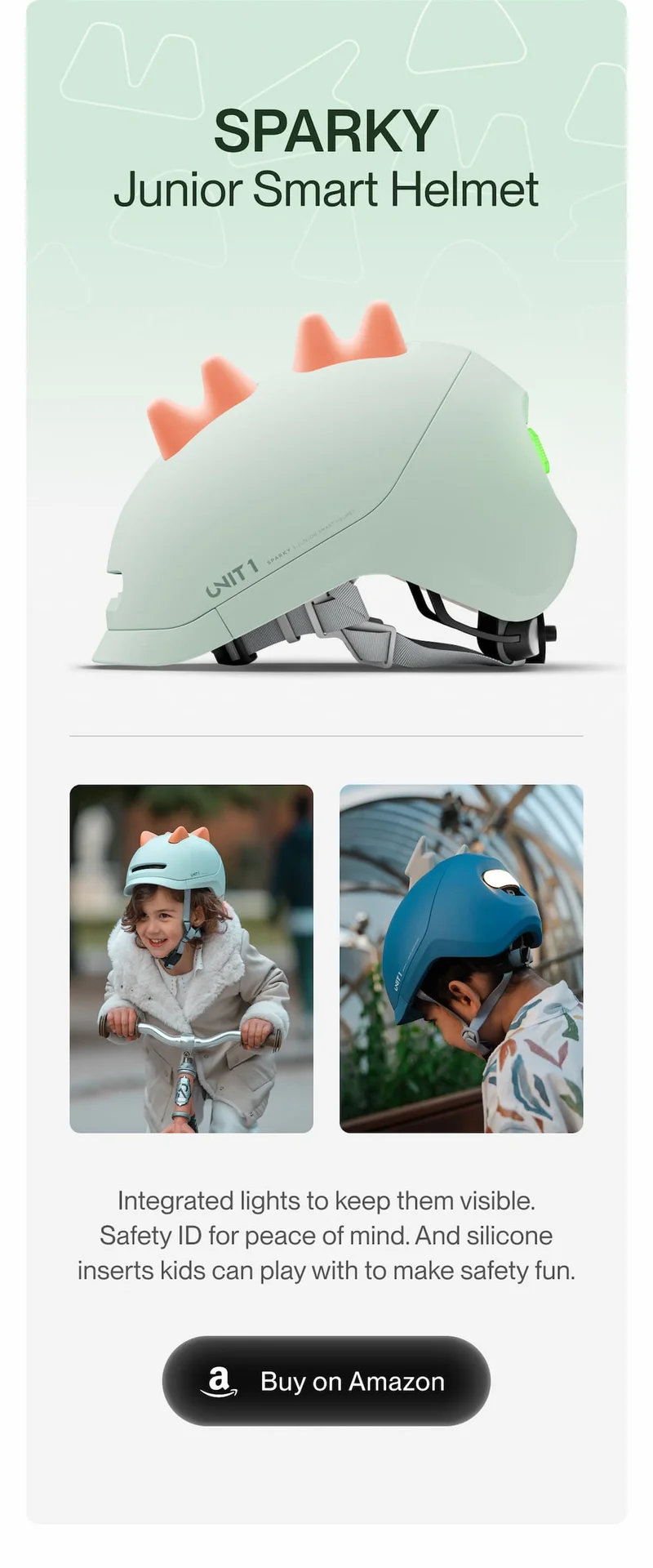SPARKY Junior Smart Helmet by UNIT 1 for kids, shown in product view and lifestyle images of children riding bikes, highlighting integrated lights, Safety ID, playful silicone inserts, and a “Buy on Amazon” button.