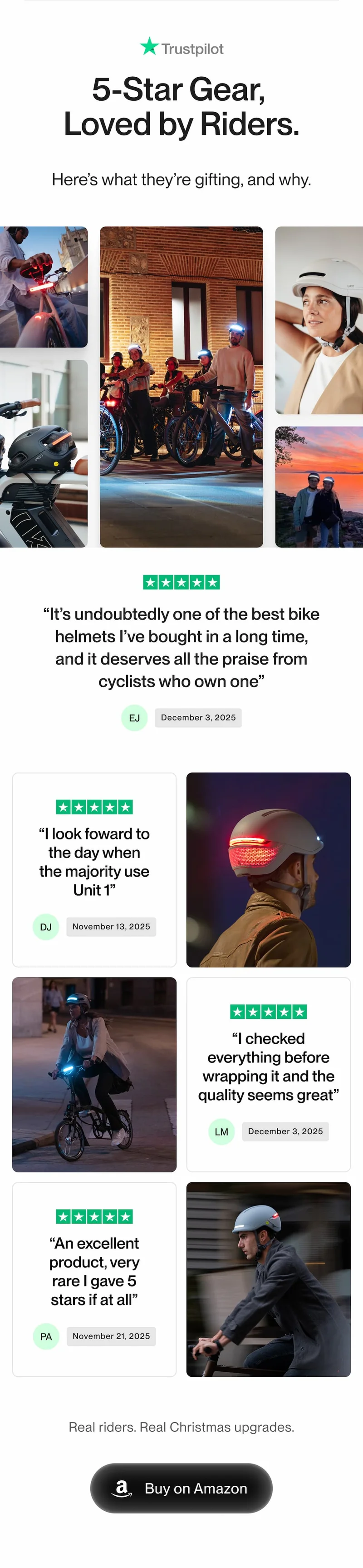 Trustpilot section showing 5-star reviews for UNIT 1 gear, with rider photos, review quotes praising helmet quality and safety, Trustpilot star ratings, and a “Buy on Amazon” button.