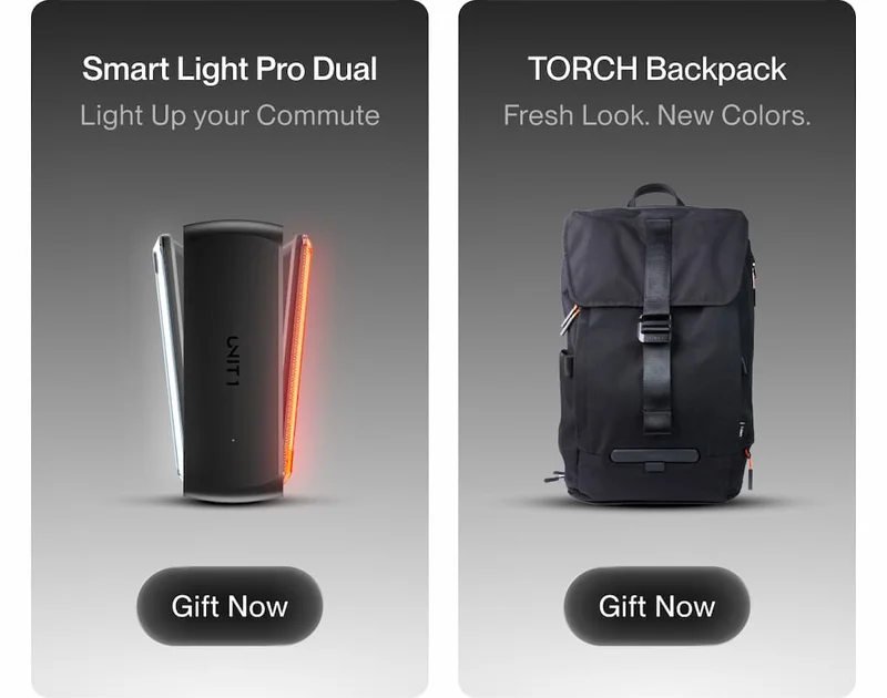 Side-by-side product cards showing the UNIT 1 Smart Light Pro Dual with front and rear illumination and the TORCH Backpack in a studio setting, with short descriptions and “Gift Now” buttons.