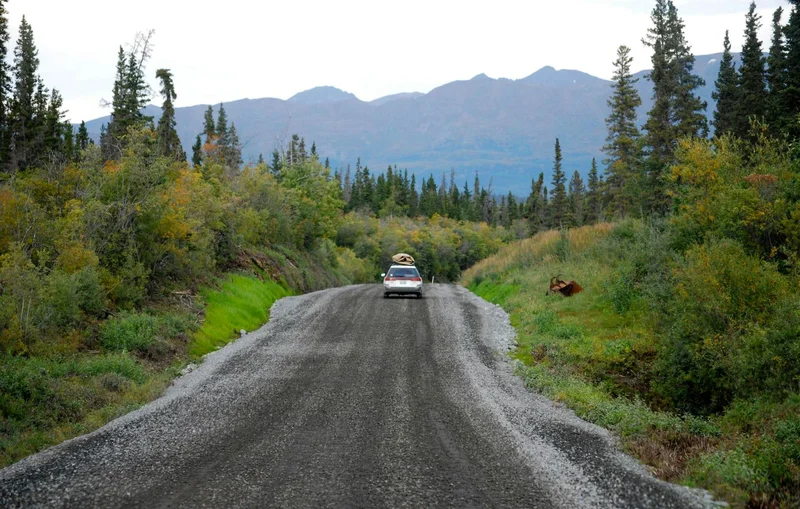 Driving the gravel McCarthy Road, Alaska