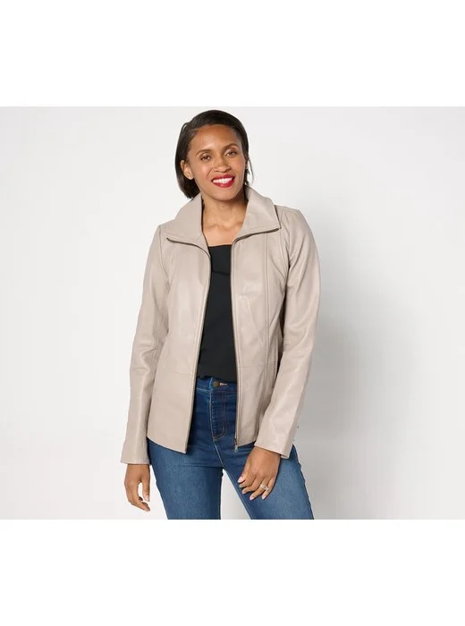Denim & Co. Lamb Leather Zip Front Seamed Jacket with Pockets