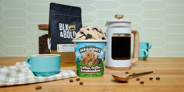Pint of Ben & Jerry's Coffee, Coffee BuzzBuzzBuzz ice cream, pack of BLK & Bold coffee, surrounded by coffee-related items.