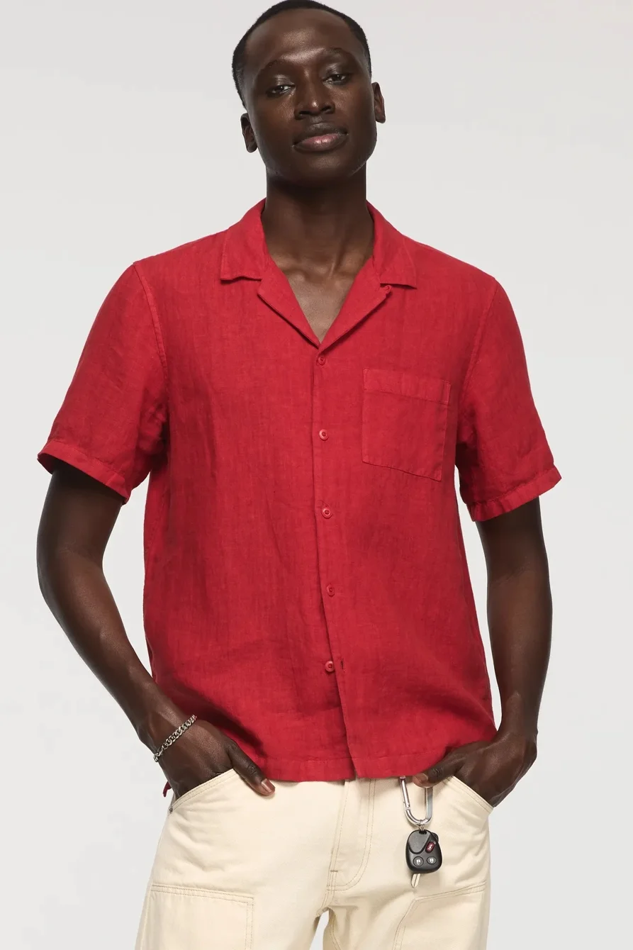 Image of Lucky Brand Short Sleeve Linen Camp Collar Shirt - Men's Clothing Outerwear Shirt Jackets in Rose Tan