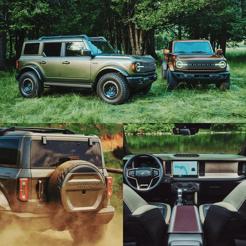Two Ford Bronco® Filson® Series SUVs in a forested area, the rear of a Ford Bronco Filson SUV showing the spare tire and the interior of a Ford Bronco Filson Series SUV