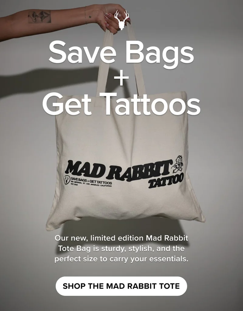 Save Bags + Get Tattoos | Our new, limited edition Mad Rabbit Tote Bag is sturdy, stylish, and the perfect size to carry your essentials. | SHOP the mad rabbit tote