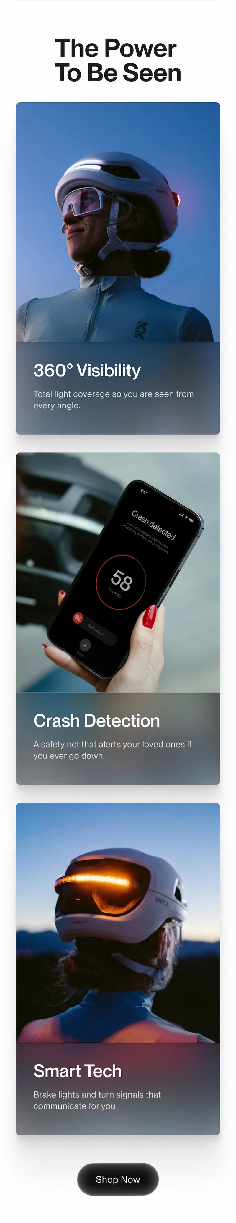 Feature section highlighting 360° visibility, crash detection, and smart tech on UNIT 1 helmets