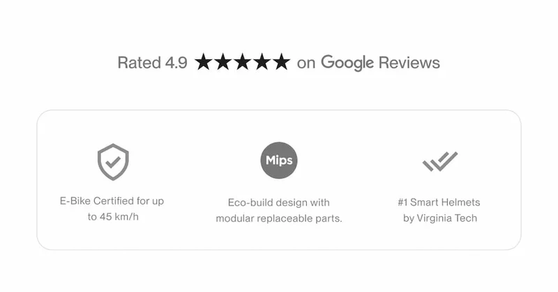 Trust badge section showing Google review rating, e-bike certification, eco-build modular design, and Virginia Tech smart helmet recognition