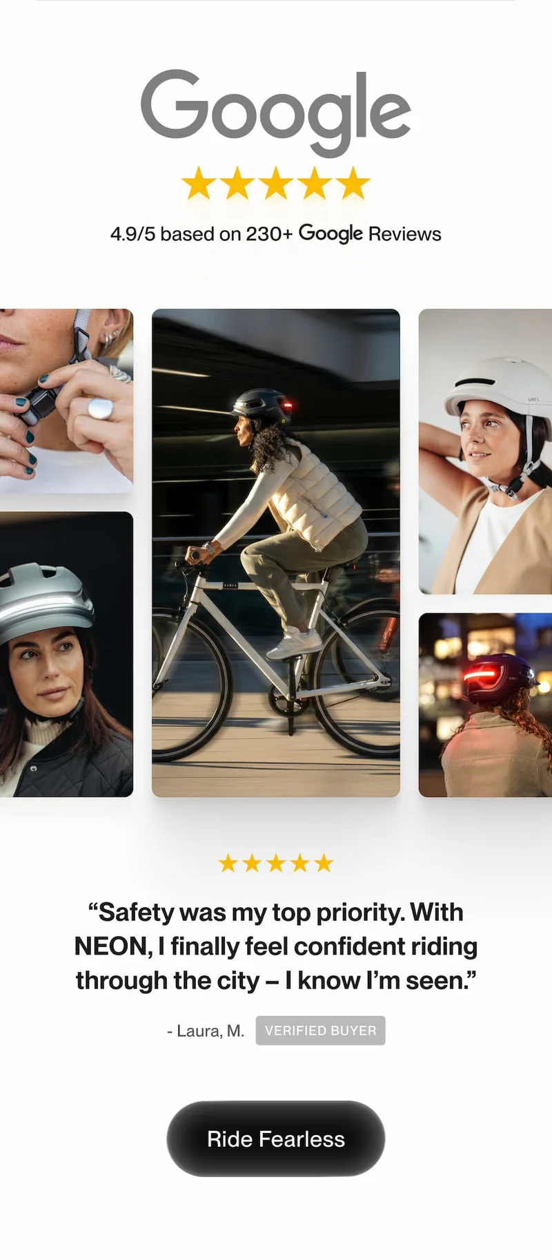 Google reviews section featuring women riders, product lifestyle images, and a customer testimonial about feeling safer and more visible in the city with NEON