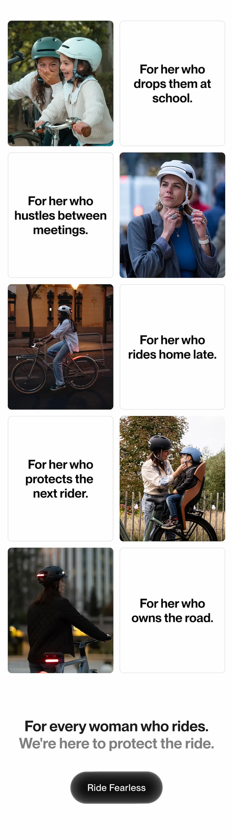 Lifestyle collage featuring women riders and mothers with messages celebrating everyday women who ride, protect, hustle, and own the road