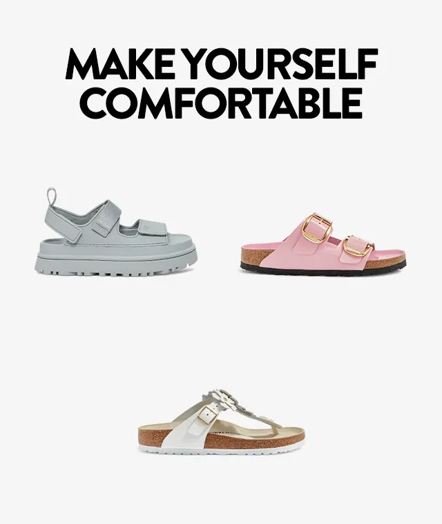 Birkenstock and UGG sandals in pastel colors.