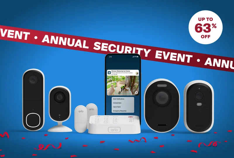Up to 63% off. Annual Security Event. Various Arlo security products next to a phone displaying a simulated Arlo screen image of an Arlo Secure notification.