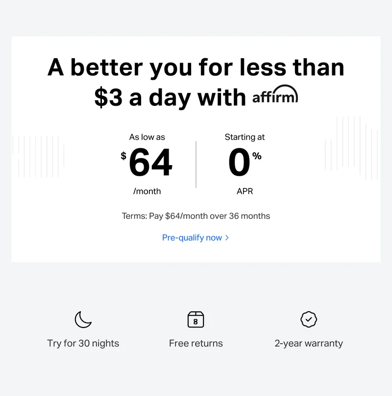 A better you for less than $3 a day with affirm. As low as $64/month, starting at 0% APR. Terms: Pay $64/month over 36 months.