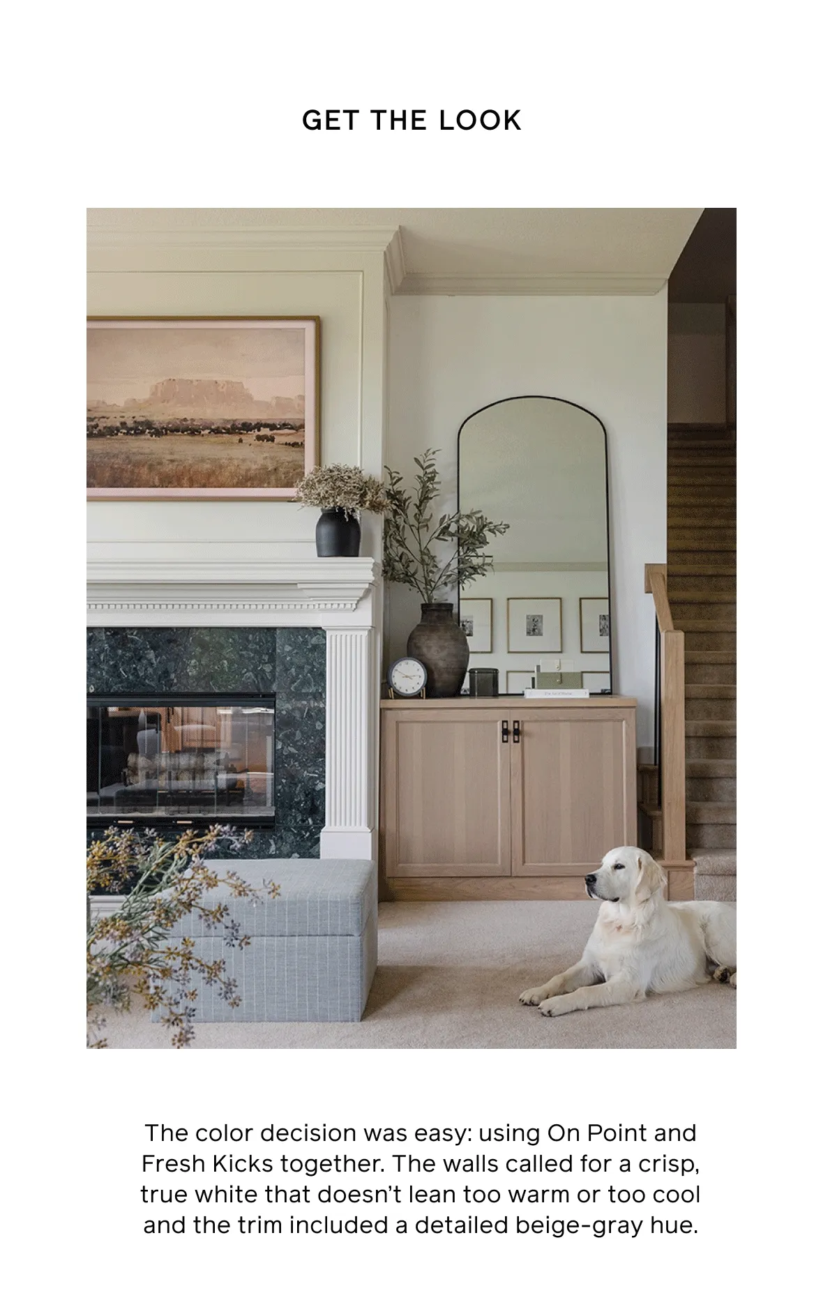 GET THE LOOK. The color decision was easy: using On Point and Fresh Kicks together. The walls called for a crisp, true white that doesn't lean too warm or too cool and the trim included a detailed beige-gray hue.