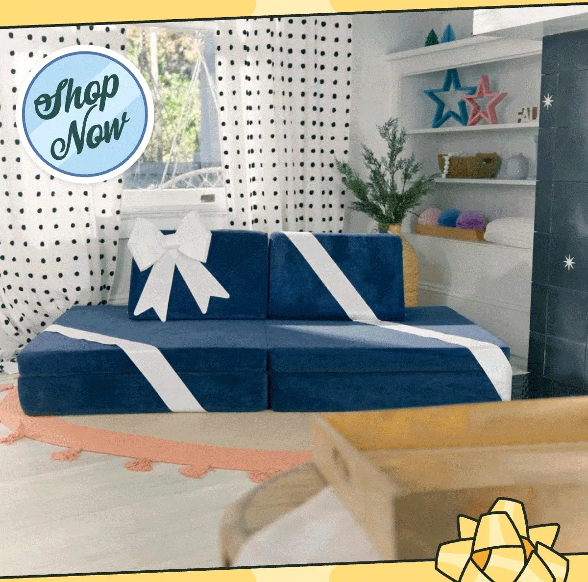 Children play on a Blueridge Nugget that is transformed from a gift, to a ramp, to a stage!