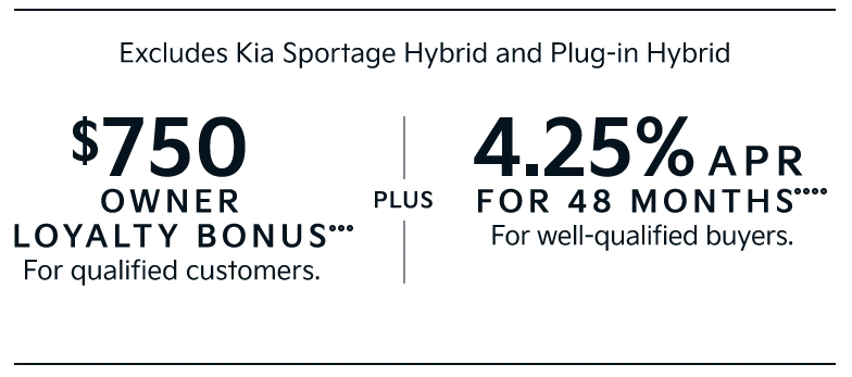 Excludes Kia Sportage Hybrid and Plug-in Hybrid | $750 OWNER LOYALTY BONUS••• For qualified customers. | PLUS | 4.25% APR FOR 48 MONTHS•••• For well-qualified buyers.