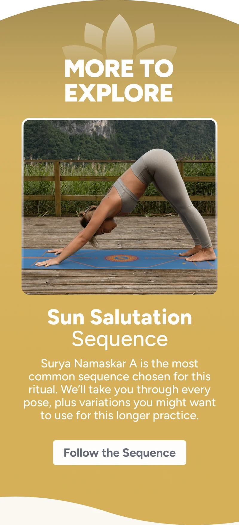 more to explore: Sun Salutation Sequence Surya Namaskar A is the most common sequence chosen for this ritual. We’ll guide you through each pose, along with gentle variations you may want to use for a longer, more mindful practice. Follow the Sequence