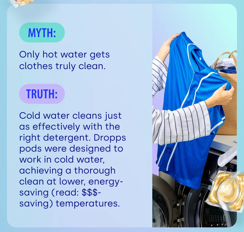 MYTH: Only hot water gets clothes truly clean. TRUTH: Cold water cleans just as effectively with the right detergent. Dropps pods were designed to work in cold water, achieving a thorough clean at lower, energy-saving (read: $$$-saving) temperatures.